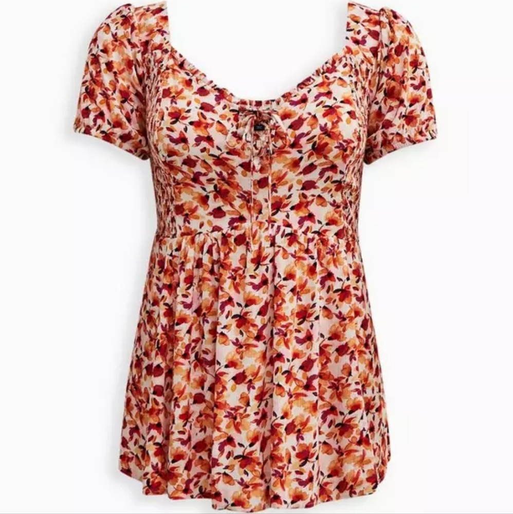 torrid Floral Tie-Front Peplum Blouse in Cream, Orange, Red